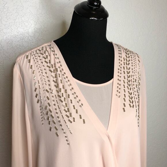 Cache light pink rhinestone bead faux wrap draped top size Extra Large XL - Picture 2 of 13